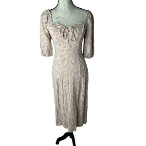 Sincerely Jules Midi Dress Cottagecore Smocked Blush Pink‎ Lace Up Puff Sleeve S